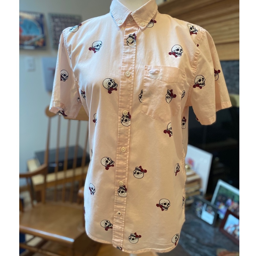 💀🌹mens pink skull short sleeve button down🌹💀 - Picture 1 of 4